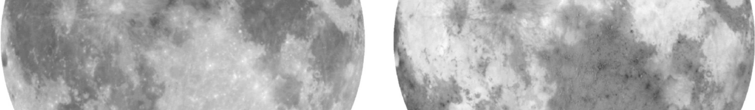 Maps of the lunar albedo A (on the left), and the maximum degree of polarisation (in %, on the right) at 0.650 μm, illustrating the Umov-effect. Albedo map from Velikodsky et al. (2011), reprinted with permission from Elsevier, and map from Jeong et al. (2015), reprinted with permission from the author